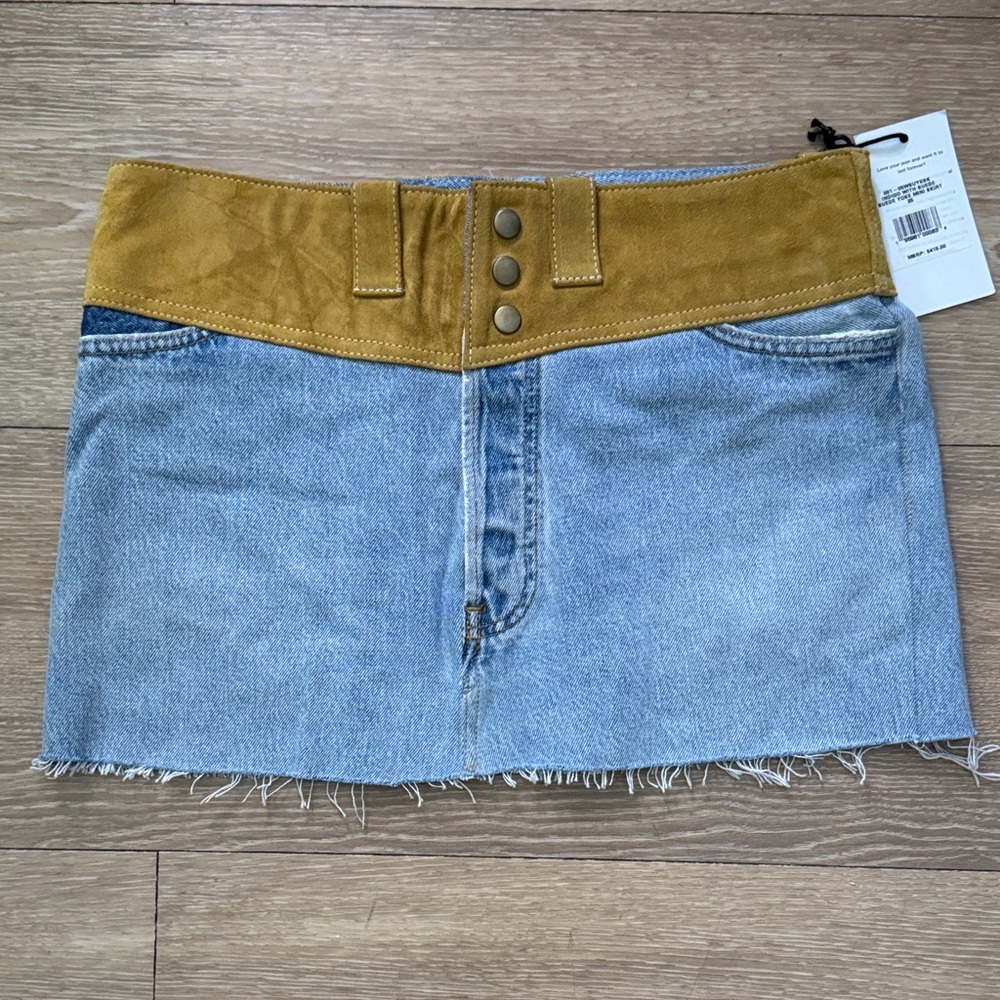 Re/Done Stylish Denim and Suede Jean Denim Jeans Skirt